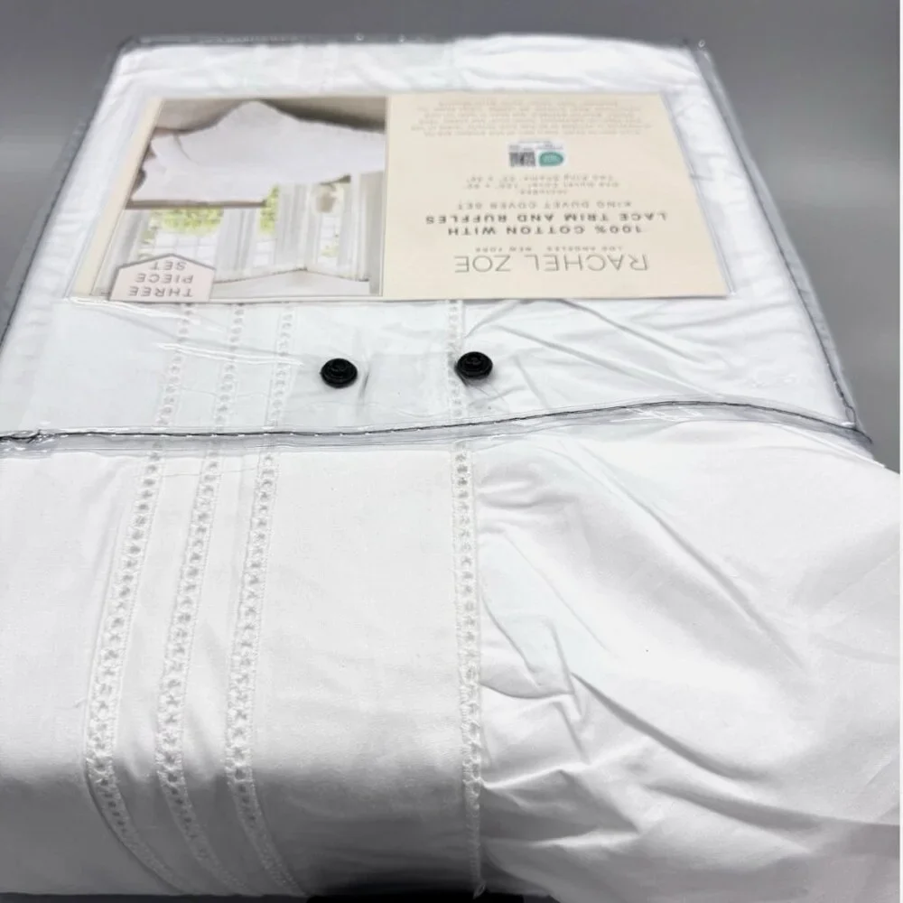 3pc Rachel Zoe White Ruffle Eyelet Lace KING Duvet Cover Sham Set Cotton Cottage